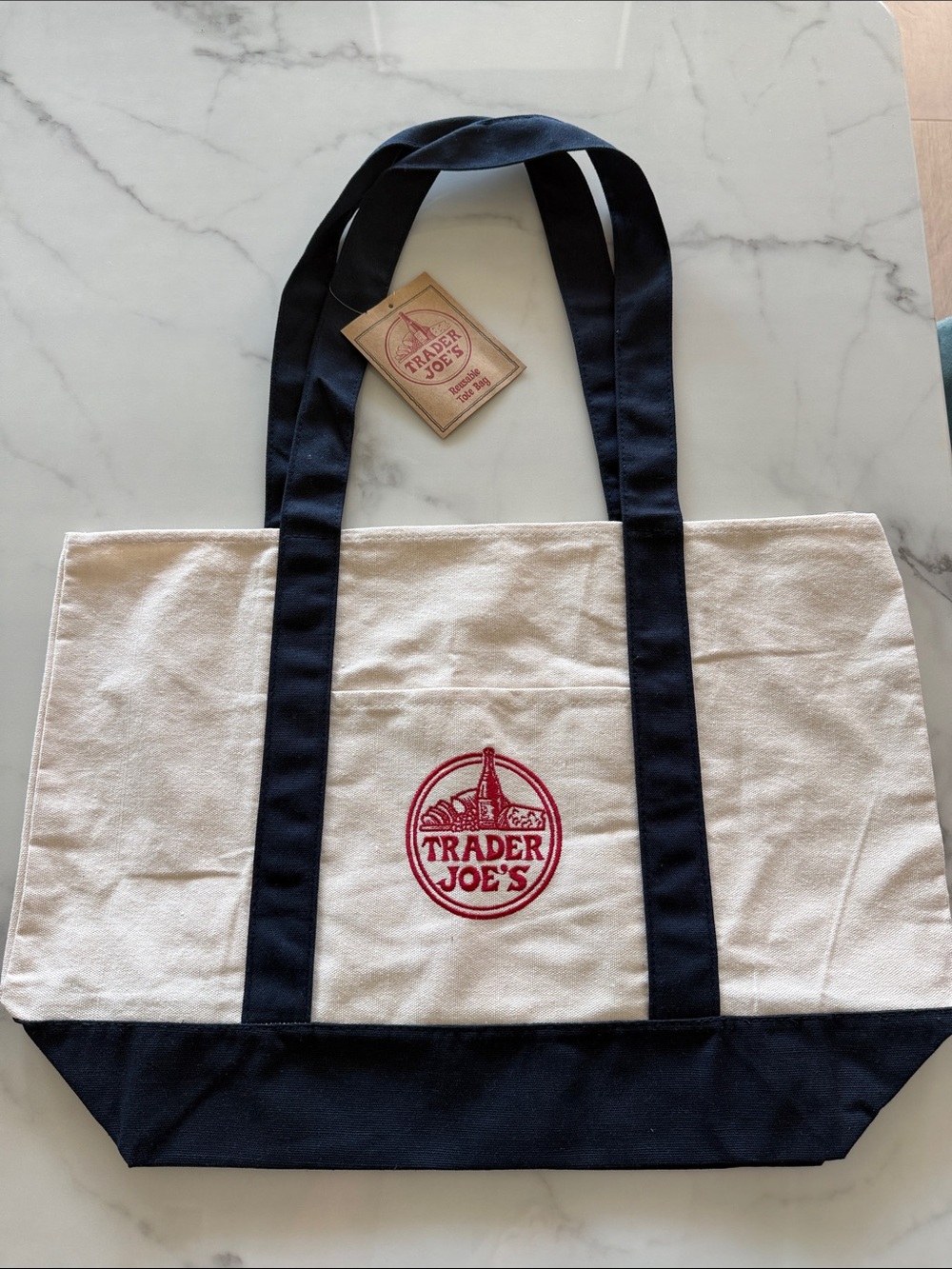Trader Joe's Cream Canvas Tote with Navy Accents